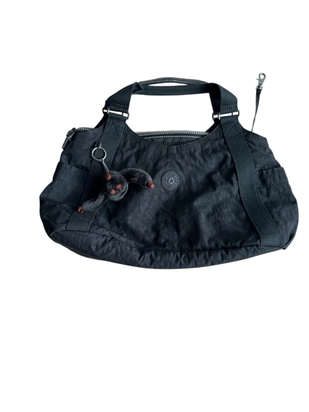 Kipling Dark Gray Nylon Shoulder Bag Dual Strap Monkey Charm GUC Lightweight